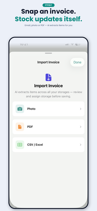 Stoqly Invoice Import — snap an invoice, stock updates itself