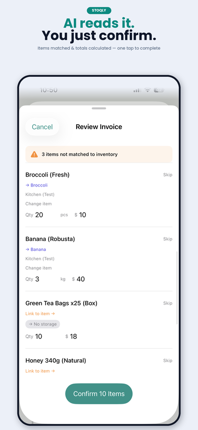 Stoqly AI Invoice Review — AI reads it, you just confirm